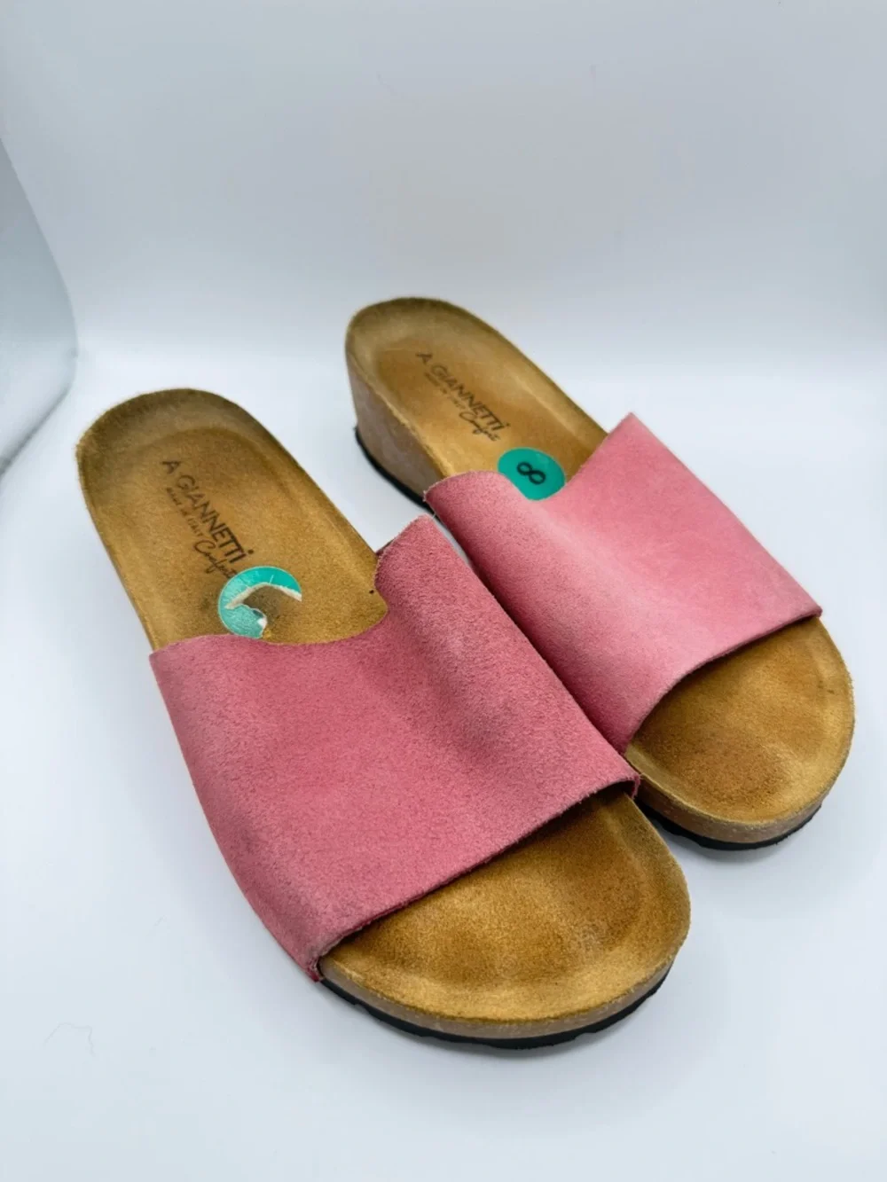 A. Giannetti Rose Pink Suede‎ Slide Wedge Sandals Women’s Size 8 Cork